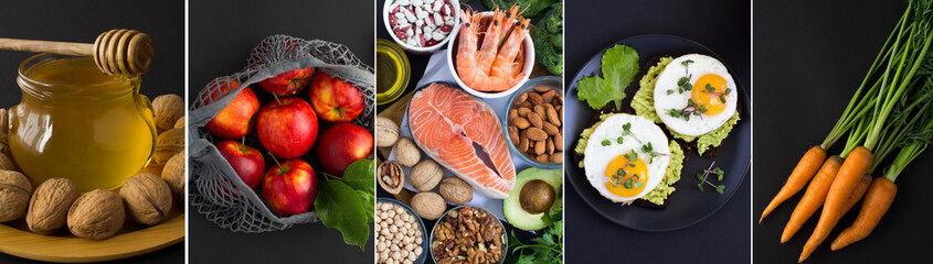 Collage of healthy food on the black background. Close-up.
