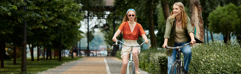 A young lesbian couple enjoys a sunny afternoon bike ride through a green park, laughing and...