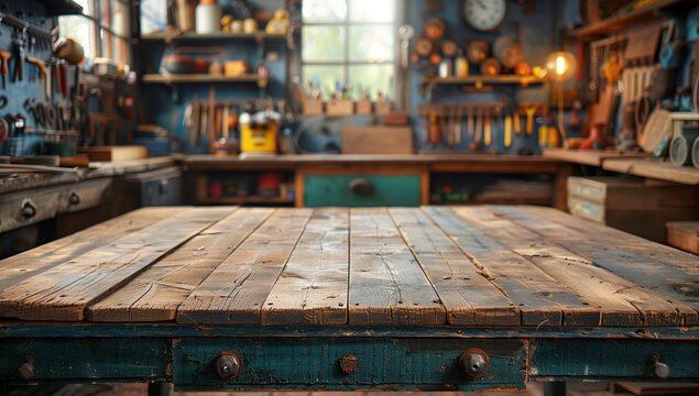 Well-Worn Wooden Table in Workshop. Close-up of a well-worn wooden table in a workshop, surrounded by a variety of tools and equipment.