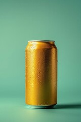Golden Aluminum Beverage Can with Water Droplets on a Green Background - Refreshing and Modern Drink Packaging Concept