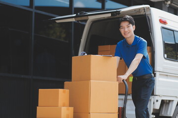 Truck Mover Unloading Van Carrying Boxes And Moving House