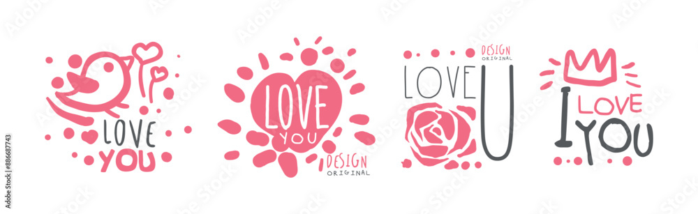 Wall mural love you pink sticker for valentine day holiday vector set