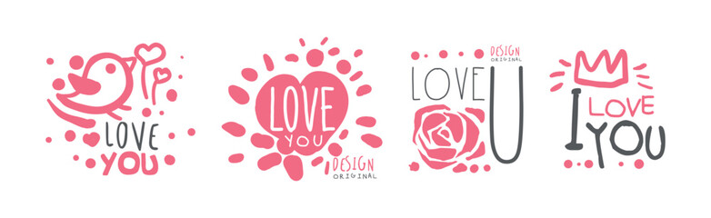 Love You Pink Sticker for Valentine Day Holiday Vector Set