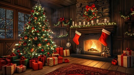 Warmth and Wonder Christmas Magic with Decorated Tree Gifts Cozy Fireplace and Stockings