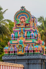 Naklejka premium Colorful Hindu temple tower. Panduranga Perumal temple, Picture clicked at Thenangur village in Tamil Nadu, south India, India.