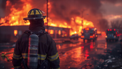 Naklejka premium Firefighter Facing Burning Building. Firefighter stands in front of a burning building, ready to combat the flames and ensure safety.