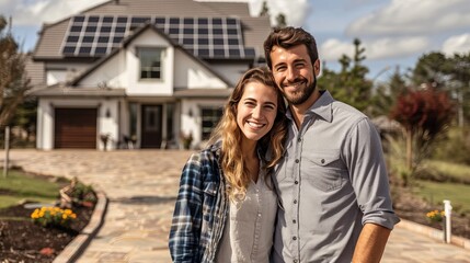 Naklejka premium a happy rich couple standing in front of thee new solar powered house and standing with each other in broad day light, wearing simple casual clothing