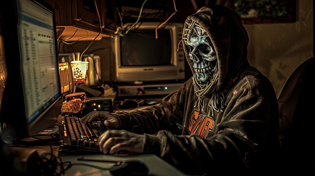 an anonymous hacker wearing skull mask and siting in front of his pc while trying to hack a private server of a multinational company to gain there data and blackmail them
