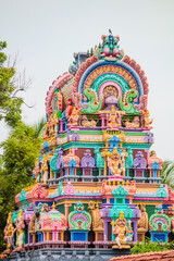 Colorful Hindu temple tower. Panduranga Perumal temple, Picture clicked at Thenangur village in Tamil Nadu, south India, India.
