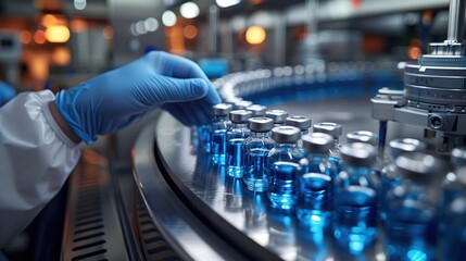 Fototapeta premium Gloved Hand Handling Vials on Production Line. Gloved hand handling blue liquid-filled vials on an automated production line in a pharmaceutical factory.