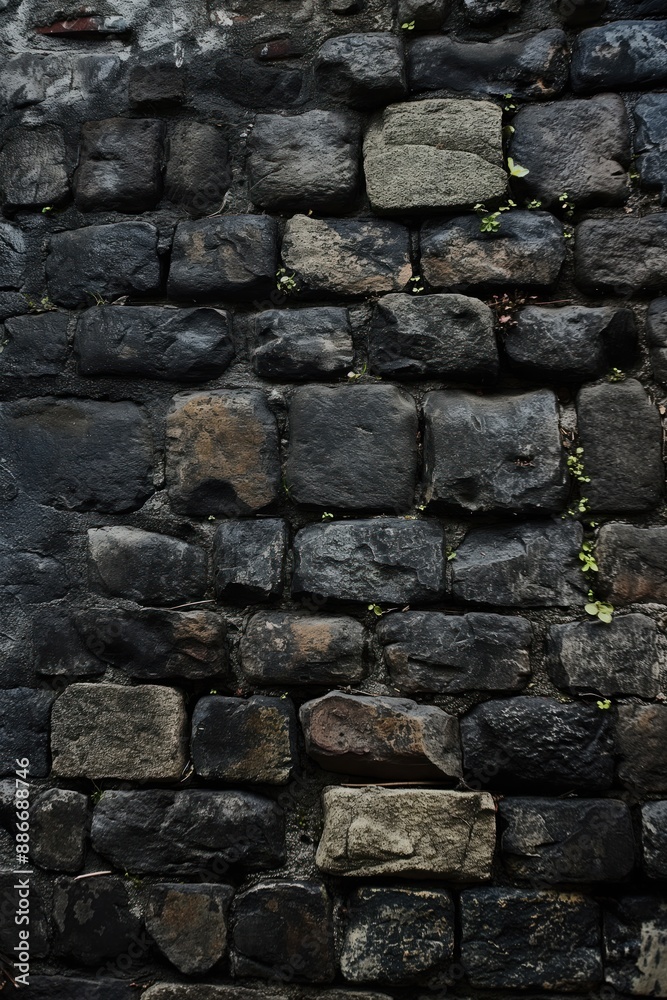 Aufkleber stone wall with three sections features large gray blocks surrounded by smaller stones. a small gree