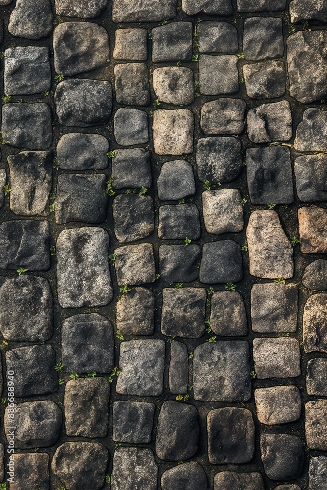 Poster cobblestone wall texture background with green plants. stone grid pattern close-up view from above. 