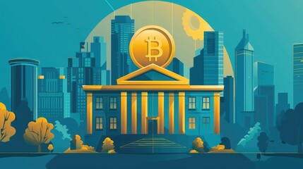 Gold coin and city bank building illustration, symbolizing wealth, finance, and economic security