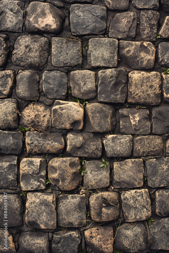 Poster cobblestone wall texture background with gray and brown stones. close-up view of stone structure wit