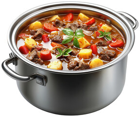 pot of stew with meat and vegetables on a white background