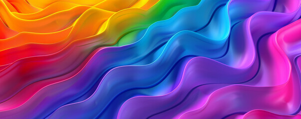 Obraz premium A vibrant rainbow gradient wave background featuring bold, undulating lines and a seamless transition between bright, eye-catching colors, creating a dynamic and lively visual effect.