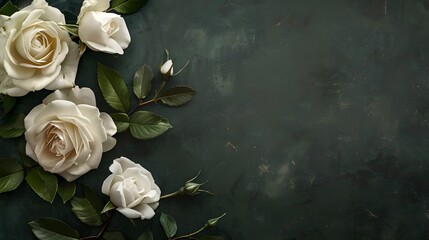 White roses on dark green background.