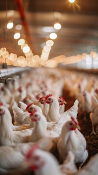 White chickens huddle together in a modern poultry farm, illuminated by warm lights overhead