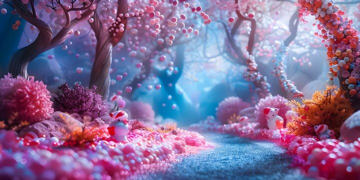 Enchanted forest filled with candy sweets and magical wonders in Candy Land. Concept Fantasy Forest, Candyland, Enchantment, Magical Wonders, Sweet Delights