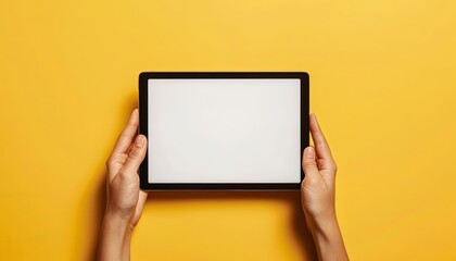 hands holding tablet computer on yellow background