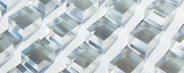 A minimalist geometric pattern with clear glass cubes, arranged in a repetitive sequence on a white
