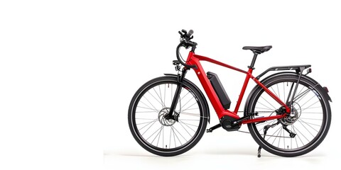 Fototapeta premium Red mid-drive electric bike against a white background ideal for city touring or trekking. Concept Electric Bikes, Mid-Drive Motor, City Touring, Trekking, Red Bicycle