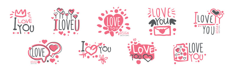 Love You Pink Sticker for Valentine Day Holiday Vector Set