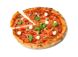 Tasty pizza with basil, mushrooms, mozzarella and tomato isolated on white