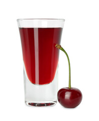 Shot glass of delicious cherry liqueur and juicy berry isolated on white