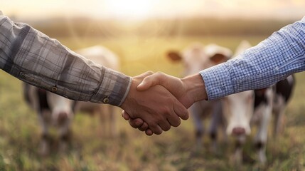 Farmers Handshake: Agriculture Background with Cows - Panoramic Banner