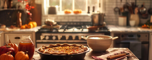 A warm autumn kitchen with a freshly baked pumpkin pie cooling on the counter, cinnamon sticks, and a pot of apple cider simmering on the stove.