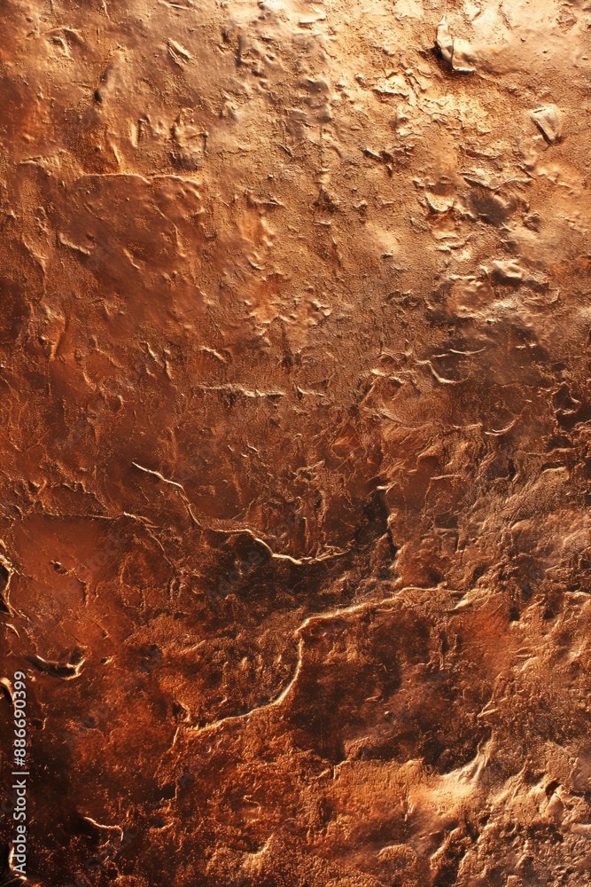 Aufkleber copper surface texture close-up. rough metallic finish with reddish hue. brown background provides c