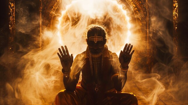 an old indian hindu sadhu pandit siting in front of super religious portal where smoke is glowing, giving blessing gesture with both hands up, face paint garland neck garland steel bracelet and henna