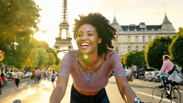 Happy Young Black Woman Enjoys Bicycling Through Paris