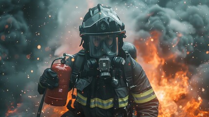 Obraz premium Close-up of a firefighter in full gear, holding a red fire extinguisher amidst billowing smoke