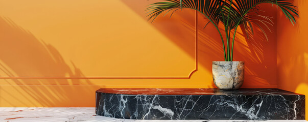 A stylish marble podium with bold black veining, positioned in front of a bright orange wall. The striking contrast between the marble and the vibrant background creates a bold and eye-catching