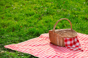 One picnic wicker basket with checkered napkin and blanket on green grass. Space for text