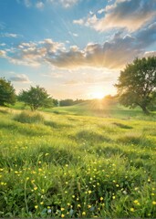 Fototapeta premium beautiful landscape grassy field clear blue sky background