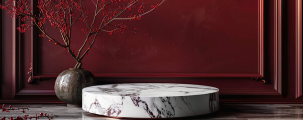 An elegant marble podium with a matte finish, set against a rich burgundy wall. The deep, luxurious colors create a sophisticated and dramatic backdrop, perfect for highlighting premium products.