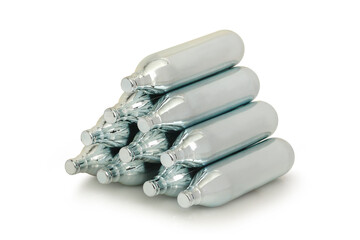 stack of co2 cartridges isolated on white