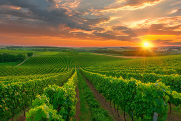 A beautiful sunset over a vineyard with rows of green vines