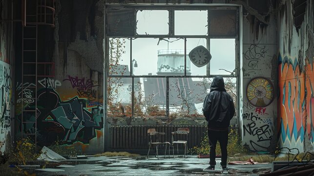 Introspective Man in Hoodie in Graffiti-Filled Room Contemplating Nietzschean Nihilism, Capturing Urban Angst and Modern Rebellion