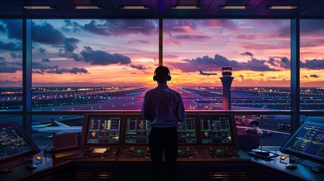 Air Traffic Controller Overseeing Evening Flights at Modern Airport