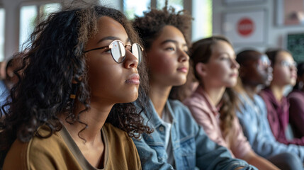 Obraz premium 2. Group of diverse high school students listening attentively to a lecture in a modern classroom 