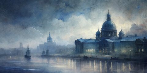 Fototapeta premium A moody, atmospheric painting of Saint Petersburg at dusk, featuring iconic architecture and a misty river. The scene is rich in detail, evoking a sense of history and mystery