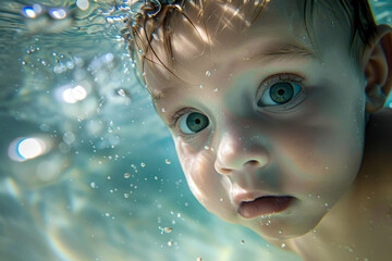 A baby is in a pool with his head above the water