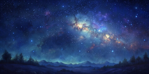 Naklejka premium A breathtaking view of a starry night sky filled with countless stars and a hint of the Milky Way. The dark sky is dotted with bright stars, creating a serene and magical atmosphere