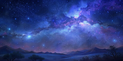 Fototapeta premium A breathtaking view of a starry night sky filled with countless stars and a hint of the Milky Way. The dark sky is dotted with bright stars, creating a serene and magical atmosphere