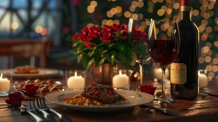 Fototapeta premium Elegant Romance Gourmet Dinner Wine and Roses