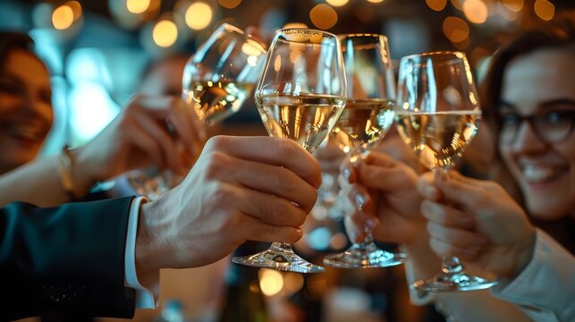 Celebrating Professional Success and Achievement at Festive Corporate Event with Toasting Glasses